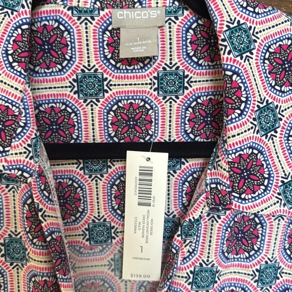 NWT Chico's Colorful Patterned Pink Green Medallion Shirt Dress size 1 - Picture 2 of 6
